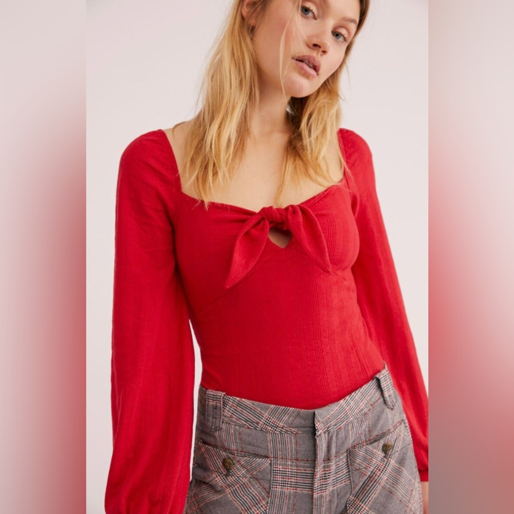 Free People It’s A Date Ribbed Long Sleeve Top Red Size Large